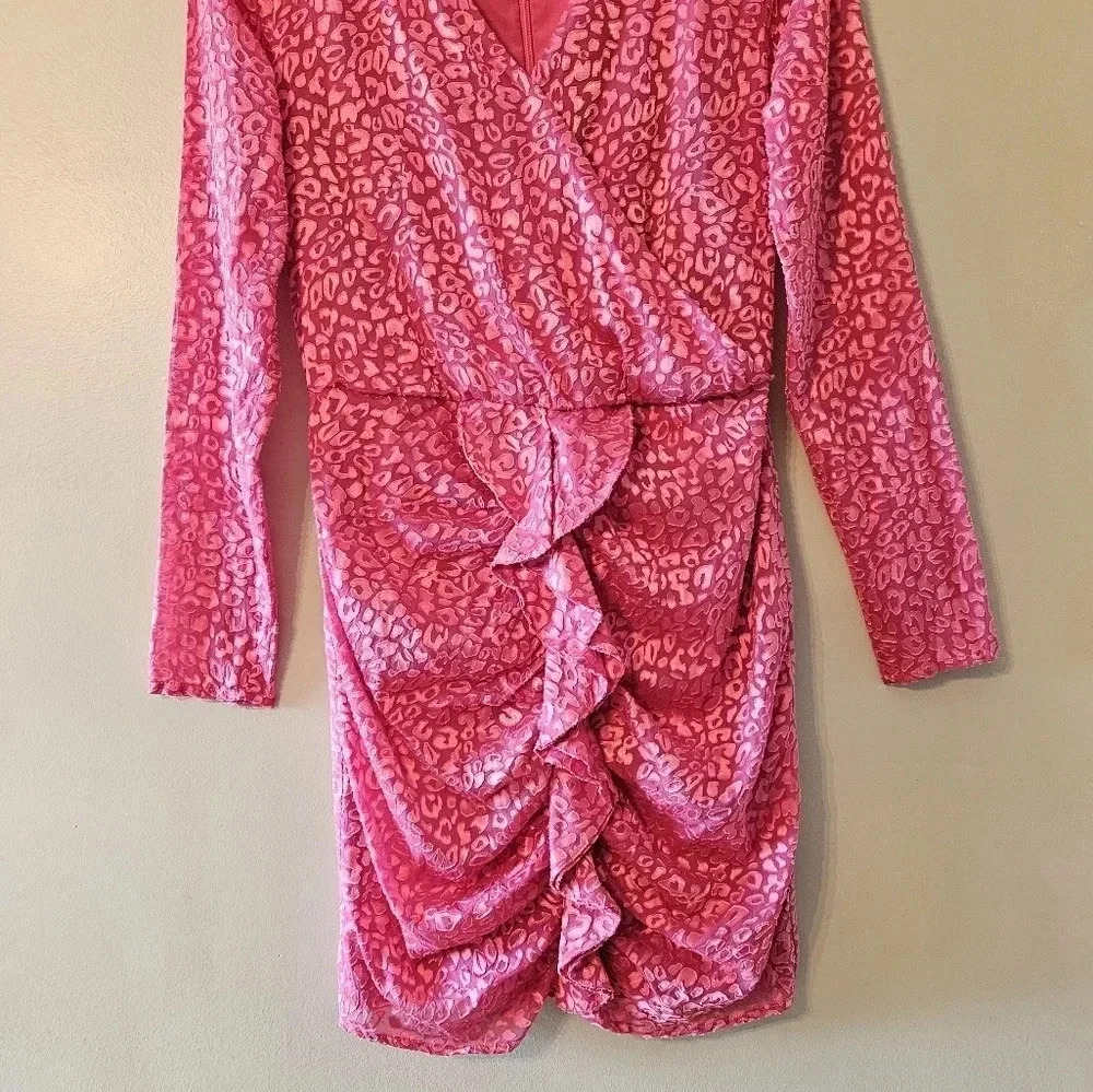 Forest lily Printed Ruched Animal Print Long Sleeve Feminine Mini Dress Pink 6. - Picture 8 of 16